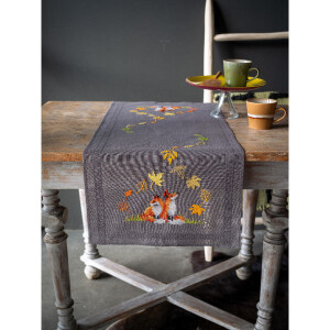 Vervaco stamped cross stitch kit tablechloth "foxes in autumn", 40x100cm, DIY