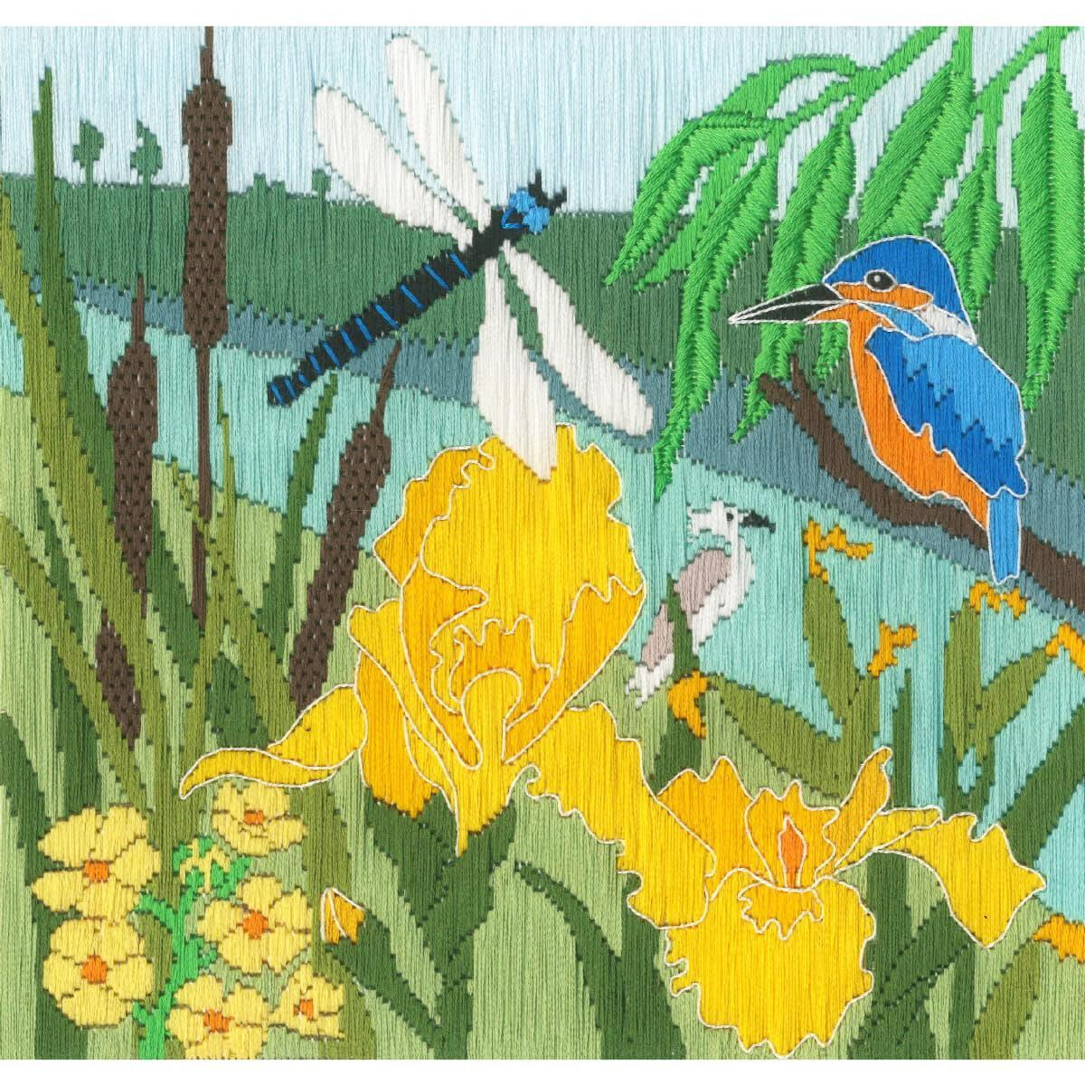 A colorful embroidery scene of a lively wetland. Striking...