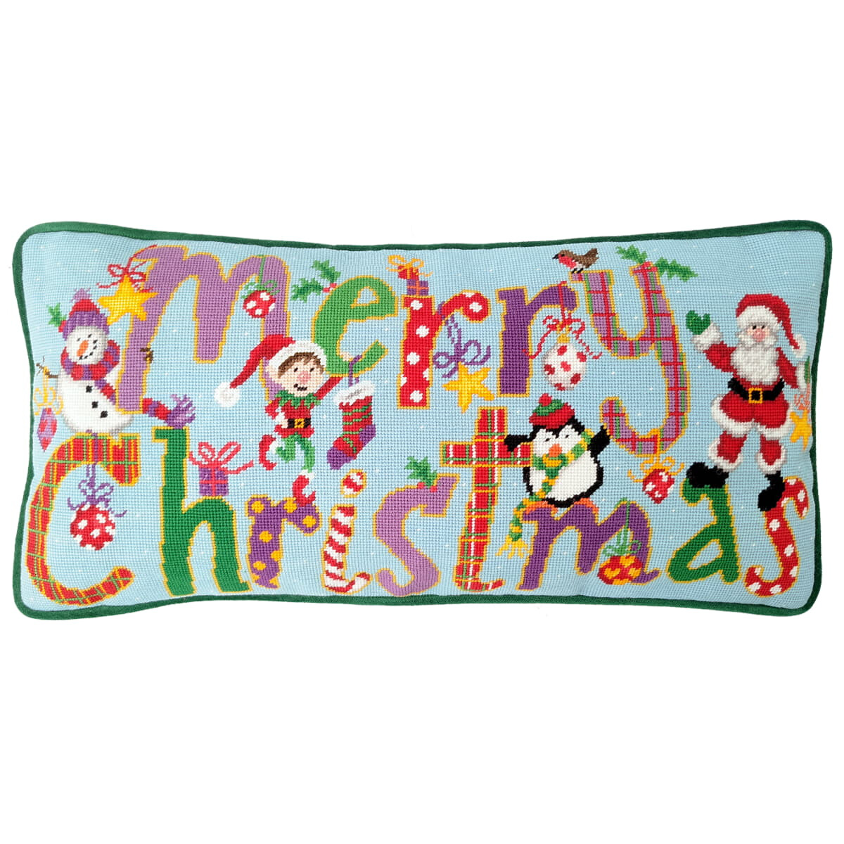 Festive rectangular cushion with colorful, cross-stitched...