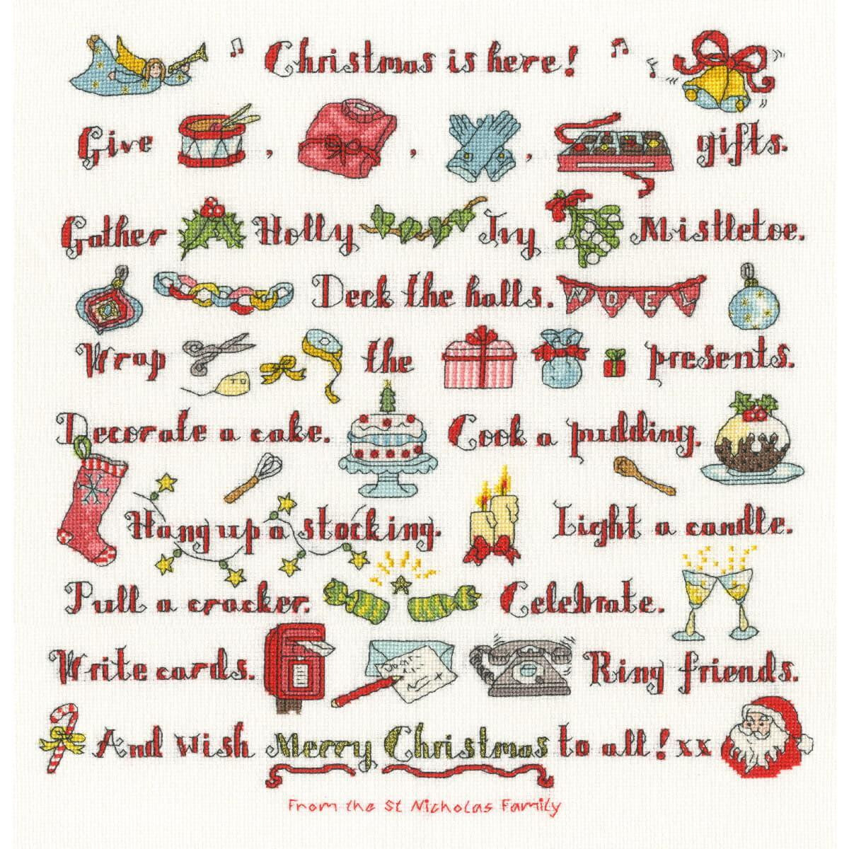 A festive Christmas-themed illustration listing various...