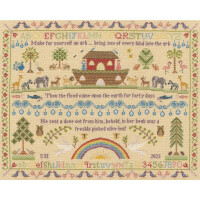 An embroidered embroidery pack from Bothy Threads features Noahs Ark with elephants, giraffes, zebras, lions and birds. The scene includes a rainbow, trees, flowers and a flowing river. The text above and below describes the biblical story along with the alphabet and numbers. Decorative borders surround the cross-stitch piece.