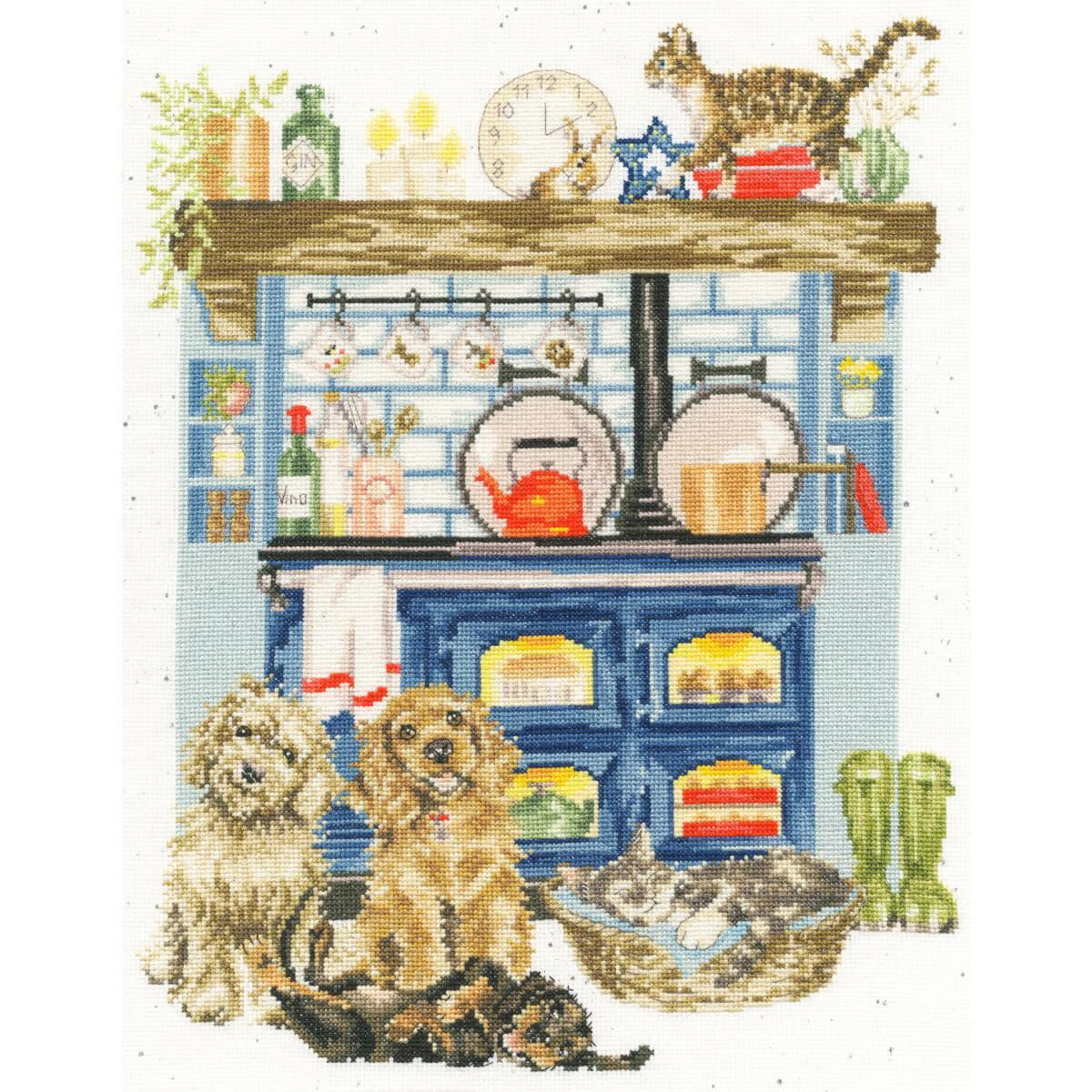 A cozy kitchen scene with a blue stove and a lively fire...