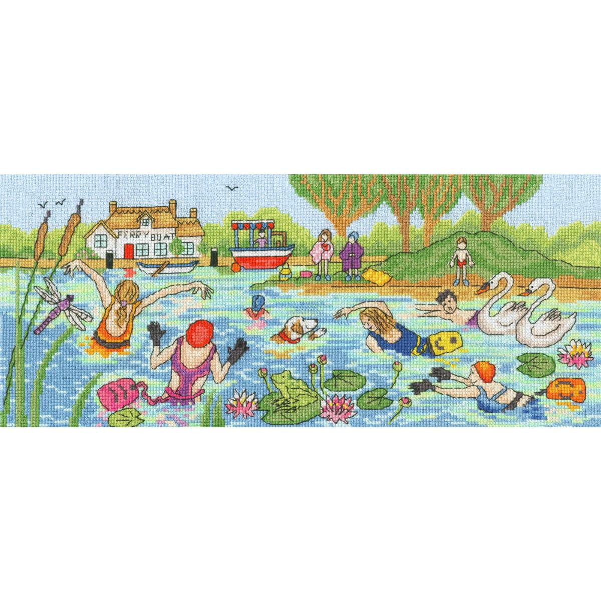 Colorful embroidery pack showing swimmers in a pond with...