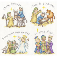 An embroidered Christmas scene divided into four panels in cross-stitch. Top left: Figures with a donkey, labeled Little donkey. Top right: Christmas crib, labeled Way into a manger ... Bottom left: Shepherds and angels, labeled While the shepherds watched ... Bottom right: Three kings, labeled We three kings ... from embroidery pack by Bothy Threads.