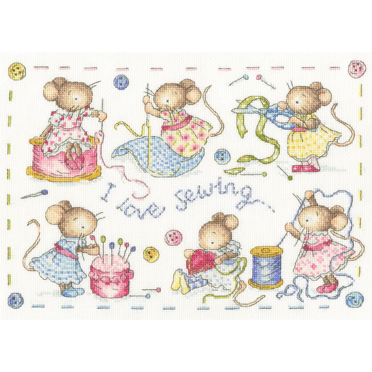 A group of mice are busy sewing an embroidery pack from...