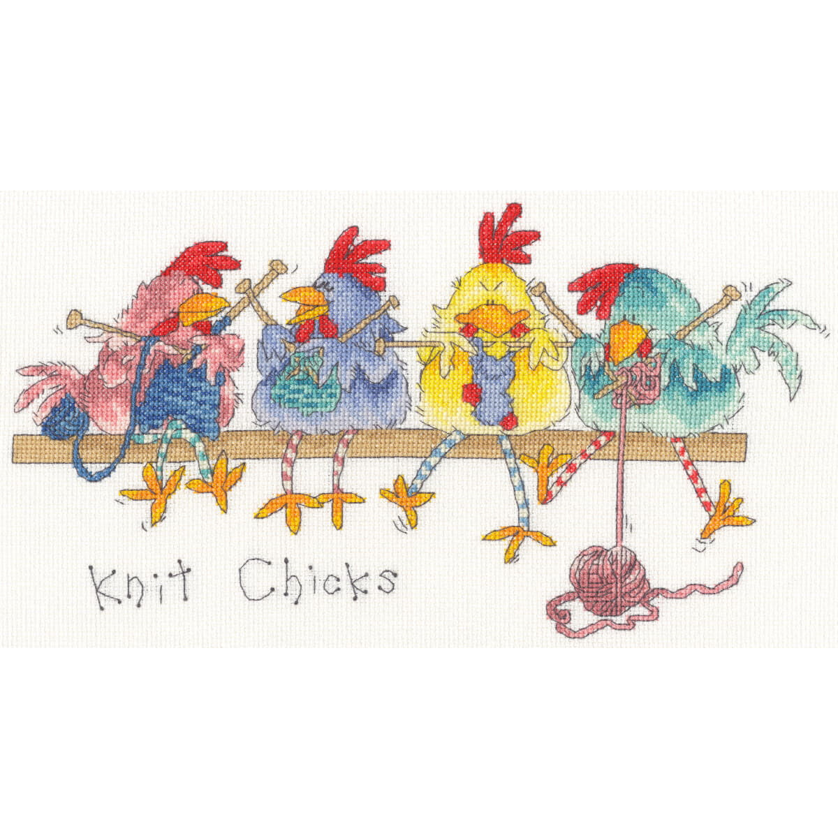 Illustriertes Bild von vier bunten Hühnern, die auf...