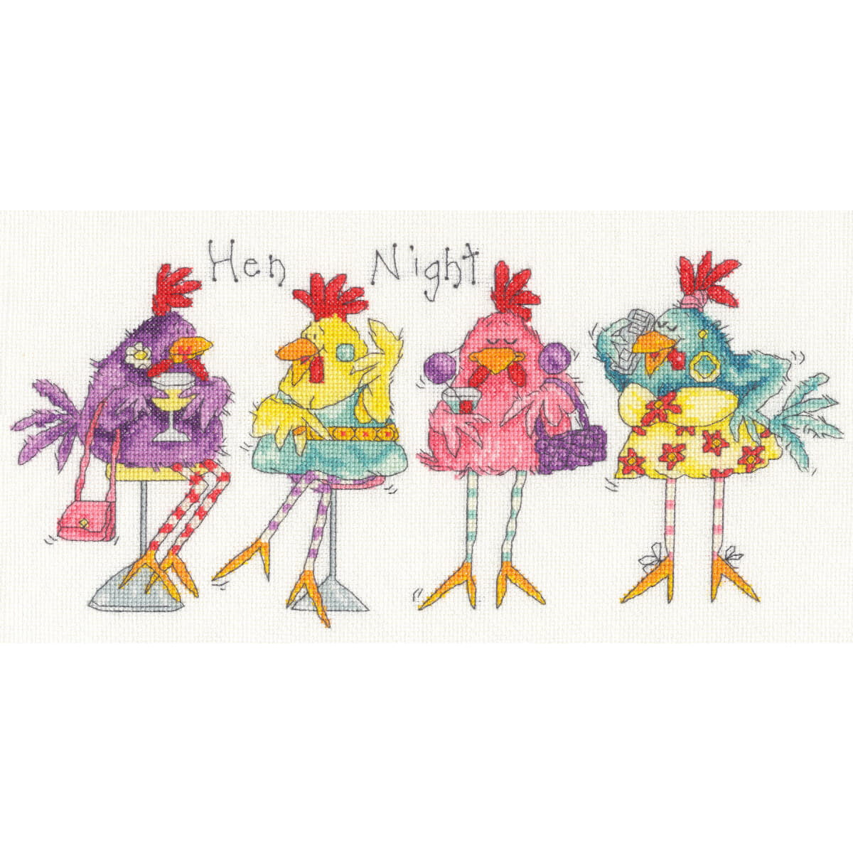 Four cartoon chickens are pictured in colorful outfits...