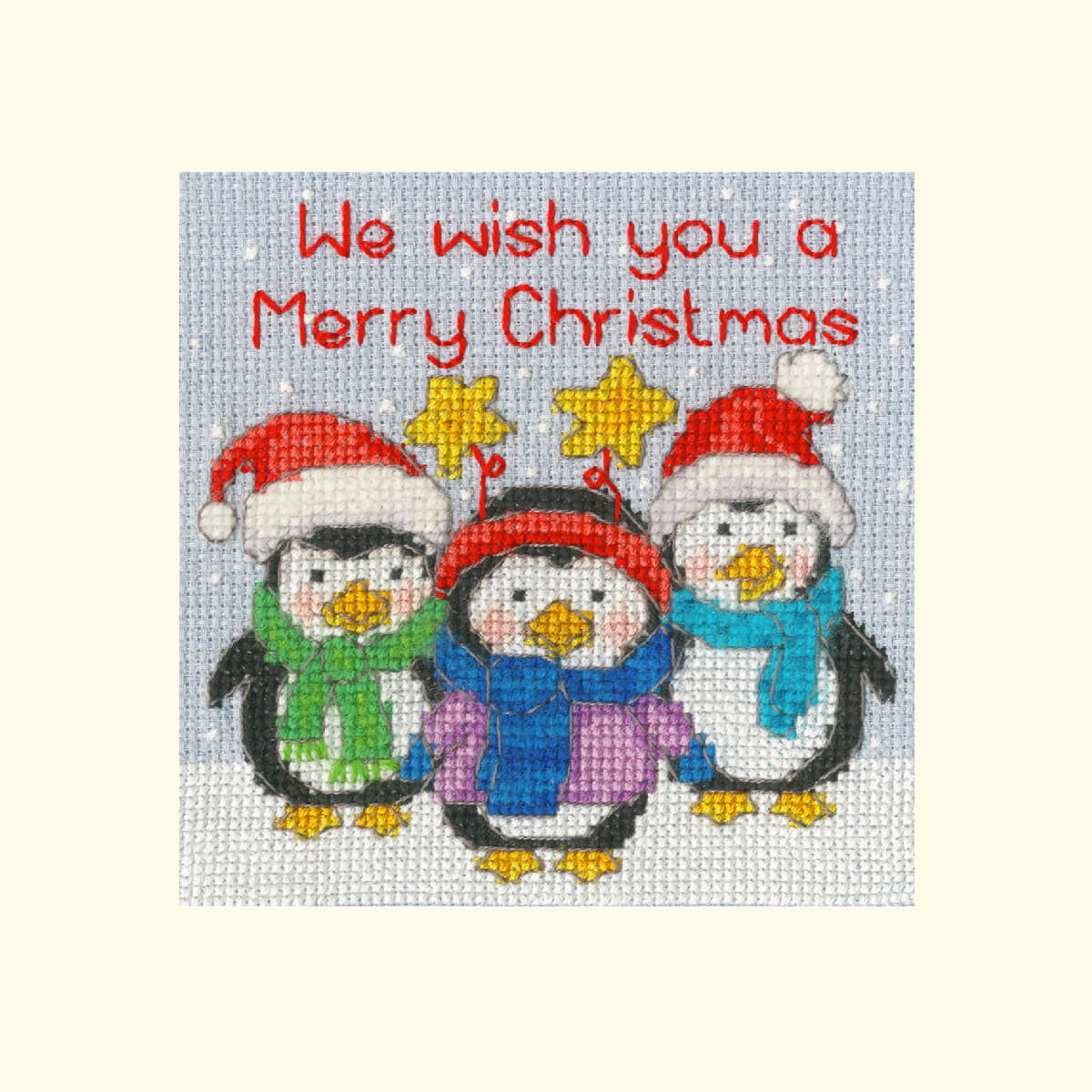 Dibujo bordado de tres pingüinos de pie en la nieve,...