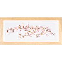 The image you describe features a rectangular artwork with a light wood frame depicting a delicate branch adorned with pink cherry blossoms and green leaves on a white background. This embroidery pack by Thea Gouverneur captures the detailed floral arrangement and highlights the subtle beauty of the blossoms in a minimalist, elegant style. This is an embroidery kit that needs to be embroidered first. Such kits offer the opportunity to get hands-on and create this beautiful motif step by step, adding personal touches.