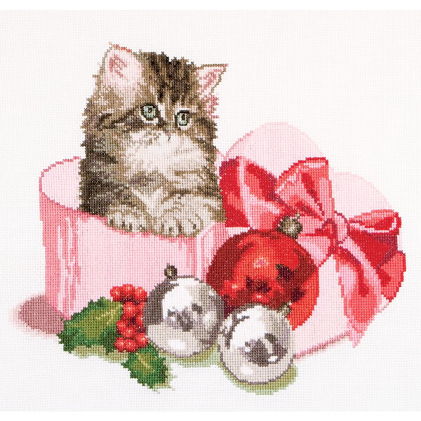 Thea Gouverneur counted cross stitch kit "Christmas Kitten Aida", 31x30cm, DIY