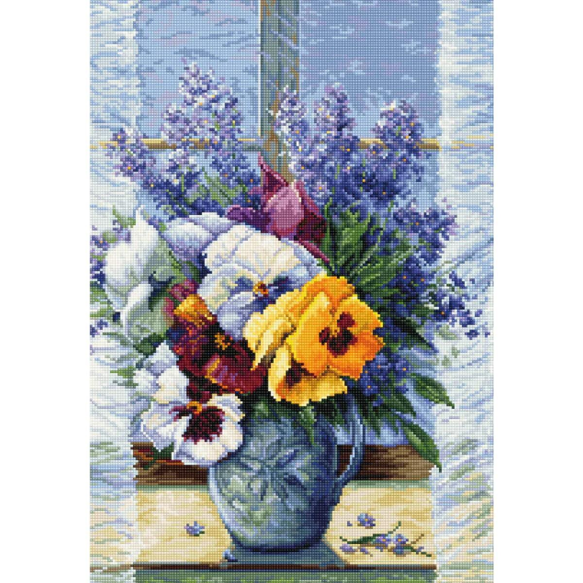 A digital cross stitch design features a vase full of...