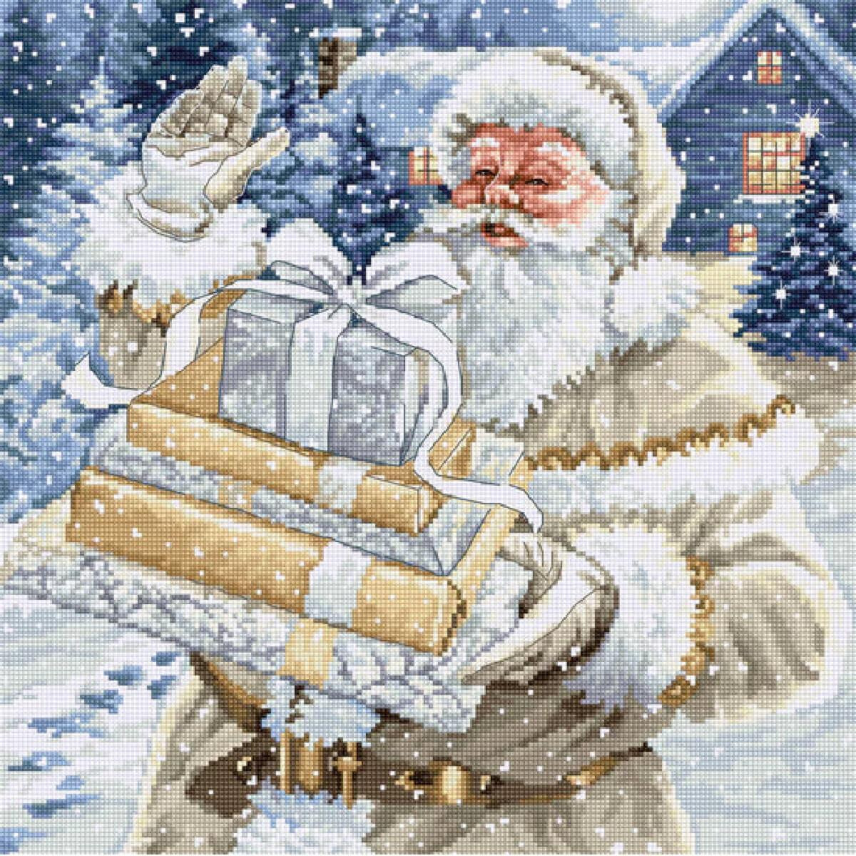 A digitally rendered image of Santa Claus holding three...