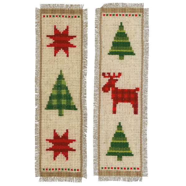 Vervaco bookmark counted cross stitch kit "Checkered Christmas trees" Stickpackung of 3, 6x20cm, DIY
