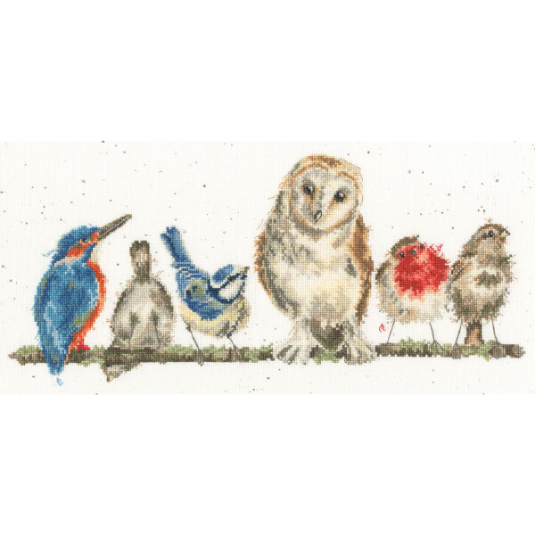 Eine detaillierte Nadelspitzenstickerei oder Kreuzstich-Stickbild zeigt sechs verschiedene Vögel auf einem Ast. Von links nach rechts: ein leuchtend blau-orangefarbener Eisvogel, ein grau-weißer Vogel mit erhobenem Schwanz, ein blau-weißer Vogel im Profil, eine goldbraune Eule, ein Rotkehlchen und ein kleiner brauner Vogel aus der Stickpackung von Bothy Threads.