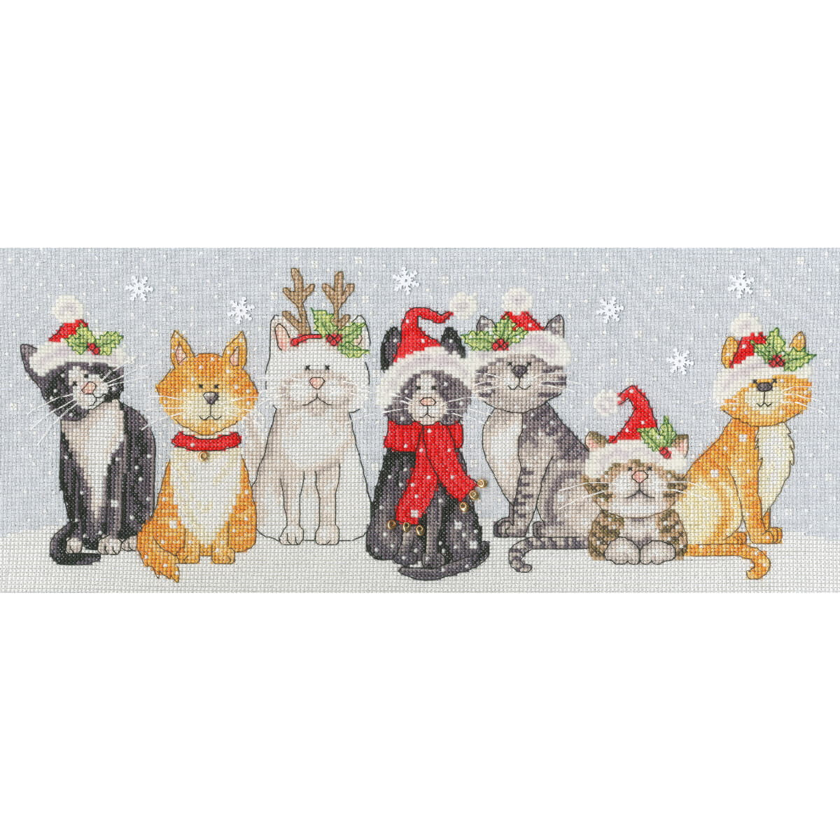 Une illustration de sept chats assis en ligne et portant...