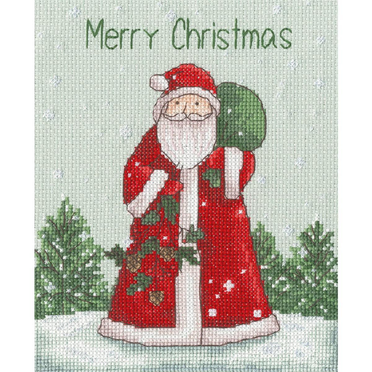 Cross-stitched picture of Santa Claus in a red robe...