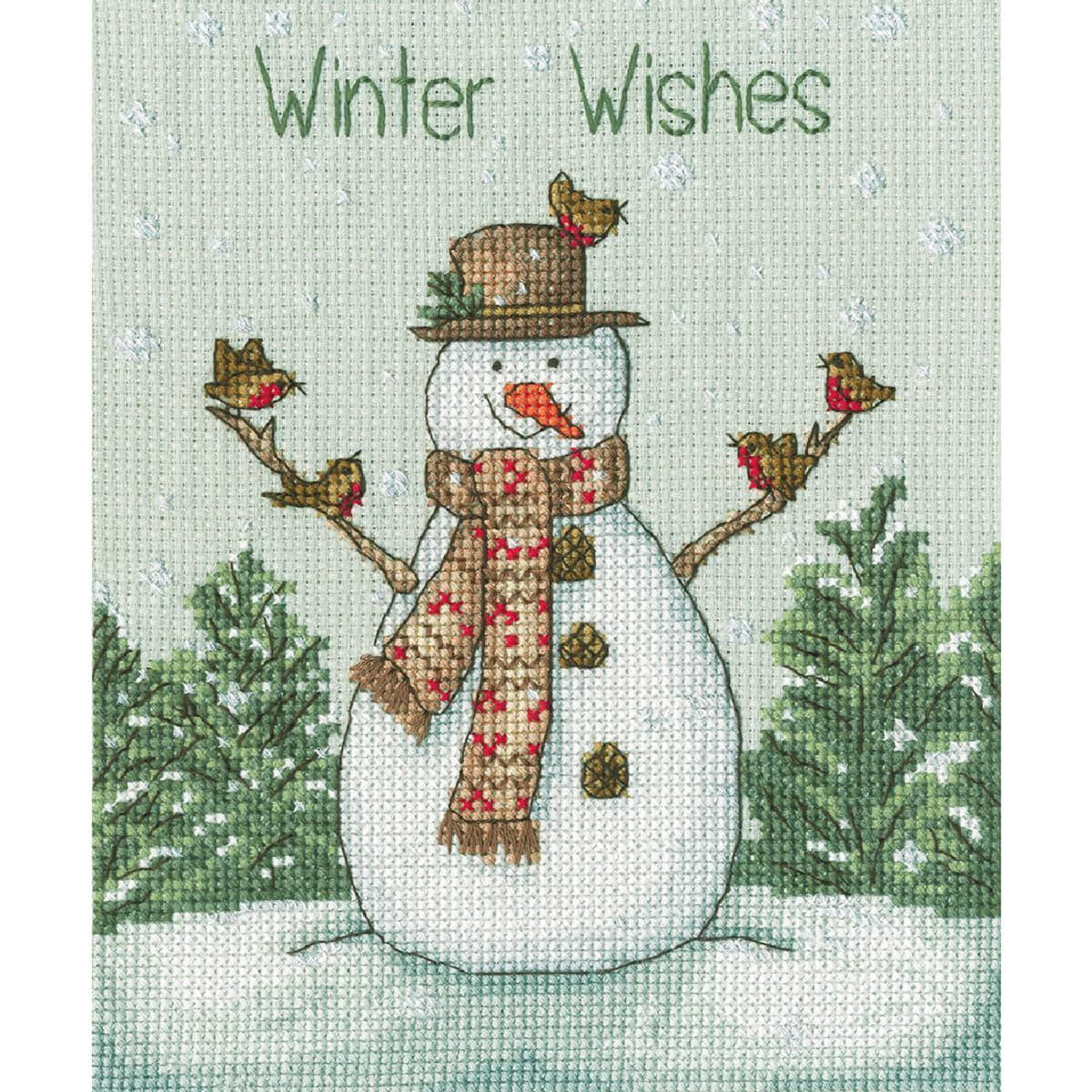 A cross-stitch picture of a snowman with a brown hat and...