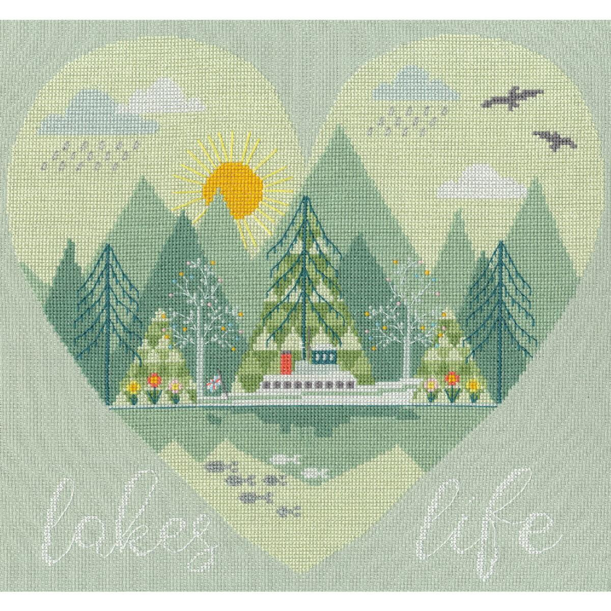 A picturesque cross stitch design of a peaceful lakeside...