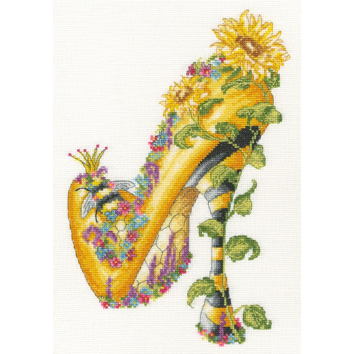 A vibrant cross stitch design of a yellow high heel...