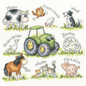 Una colorida ilustración de Bothy Threads con varios animales de granja alrededor de un tractor verde. Los animales incluyen una vaca con mugido, una gallina con cloqueo, cloqueo, un perro con guau, un ganso con cuac, cuac, una oveja con mugido, un caballo con relincho, un gato con maullido y un cerdo con oink, oink.