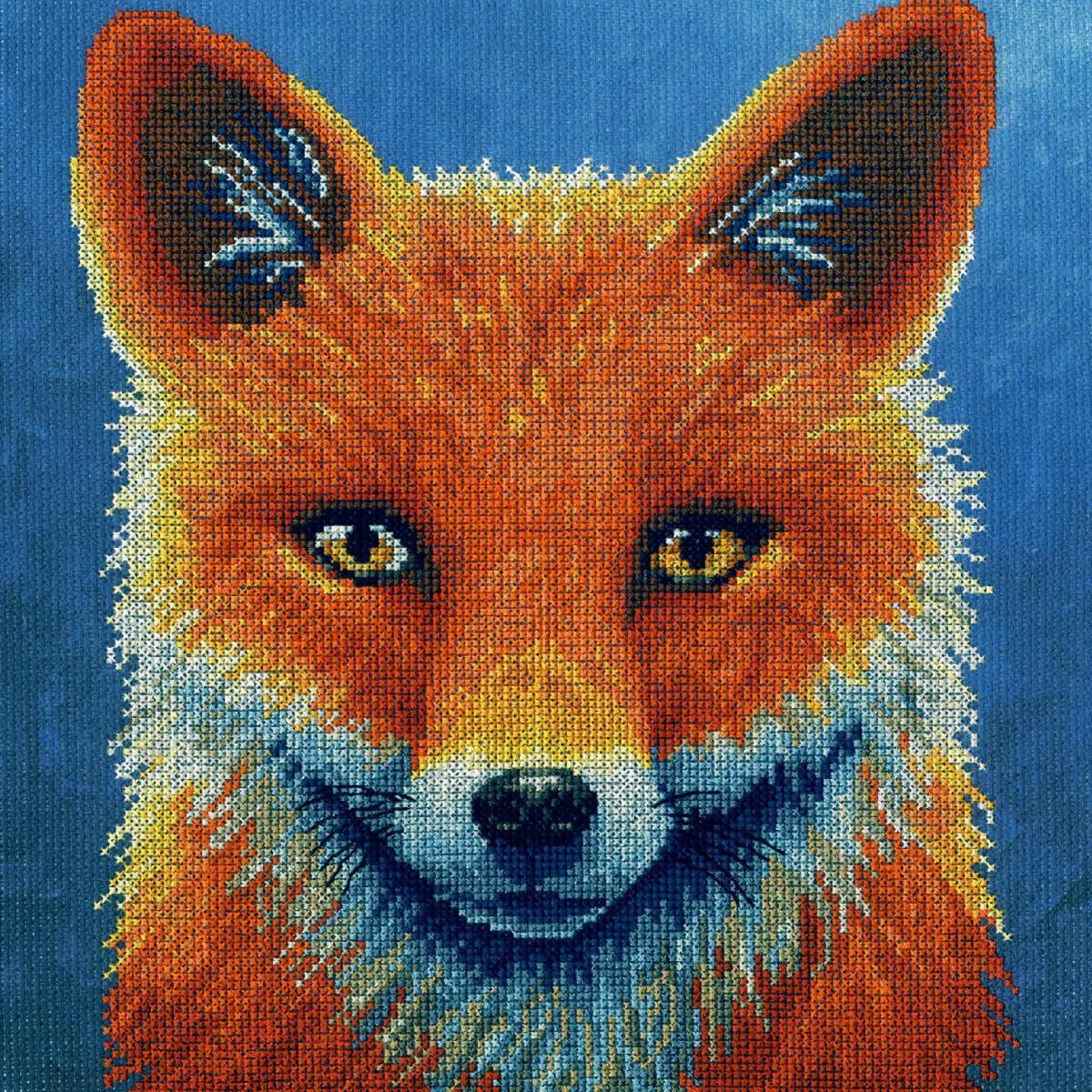 A detailed embroidery pack portrait of a fox on a blue...