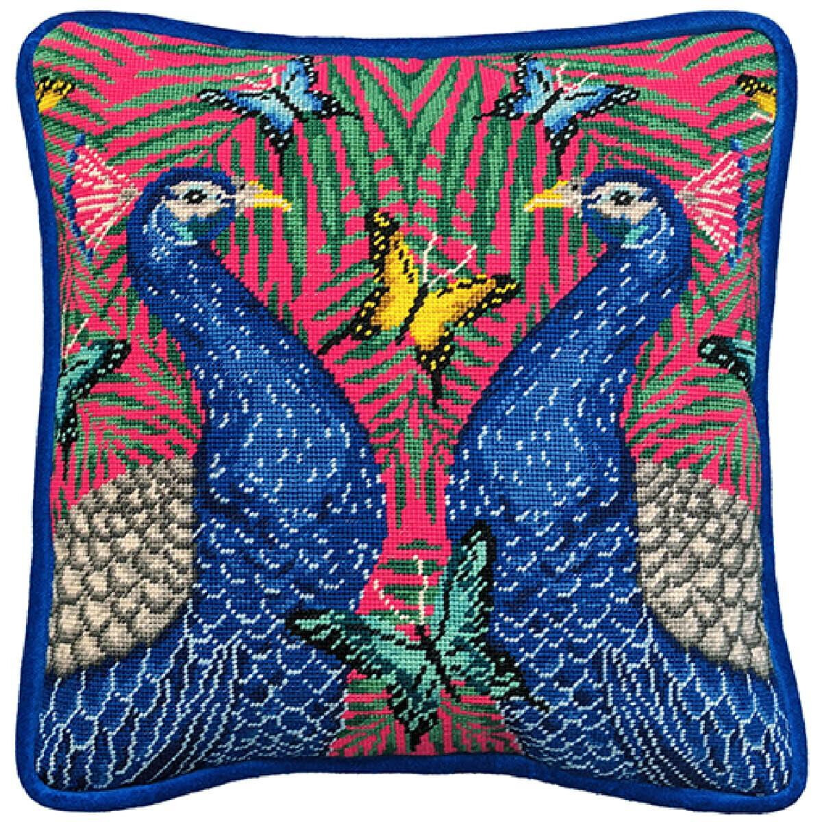 A square cushion with a vibrant design featuring two blue...