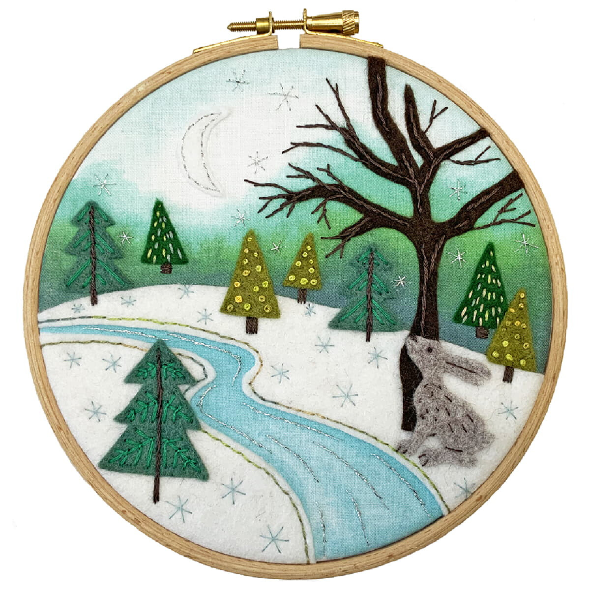 Embroidery depicting a snowy landscape with a crescent...