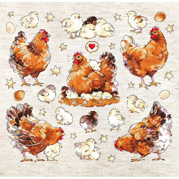 Das Bild zeigt ein Letistitch Stickpackung-Muster mit mehreren Hühnern und Küken auf weißem Hintergrund. Die Hühner sind braun mit roten Kämmen und die Küken sind gelb oder braun. Sie sind von Sternen, Herzen und Eiern umgeben, die dem Design dekorative Elemente hinzufügen.