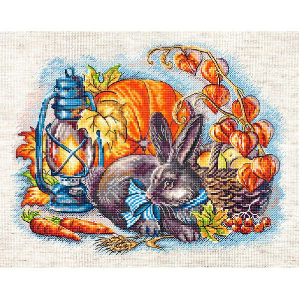 An embroidered embroidery pack artwork from Letistitch features a gray rabbit with a blue striped bow sitting among autumnal elements: pumpkins, an orange lantern, carrots, wheat stalks, yellow and brown leaves, red berries, and a woven basket of orange lantern plants. The bright, textured background enhances Letistitchs embroidery pack design.