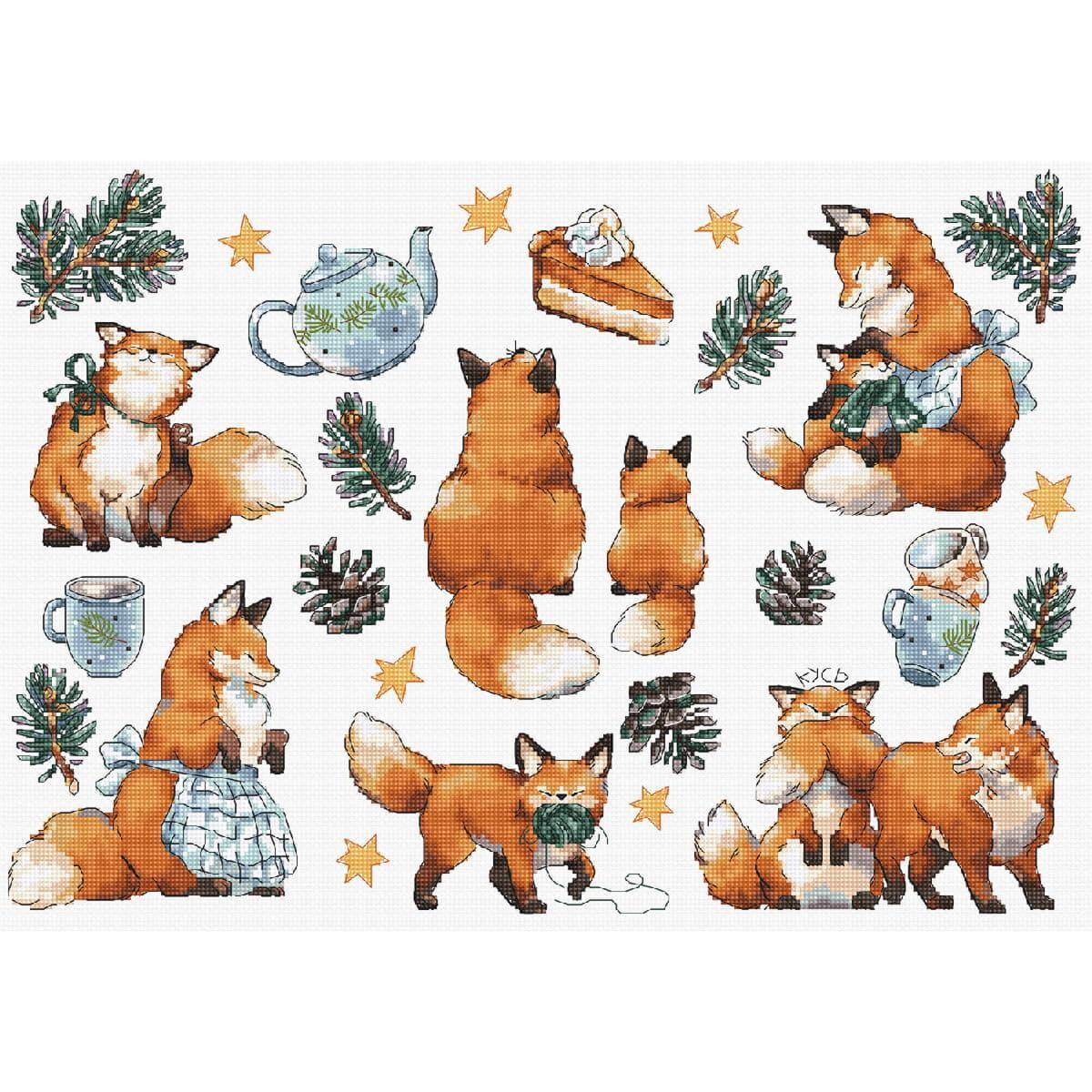 Illustrated pattern with various foxes in different poses...