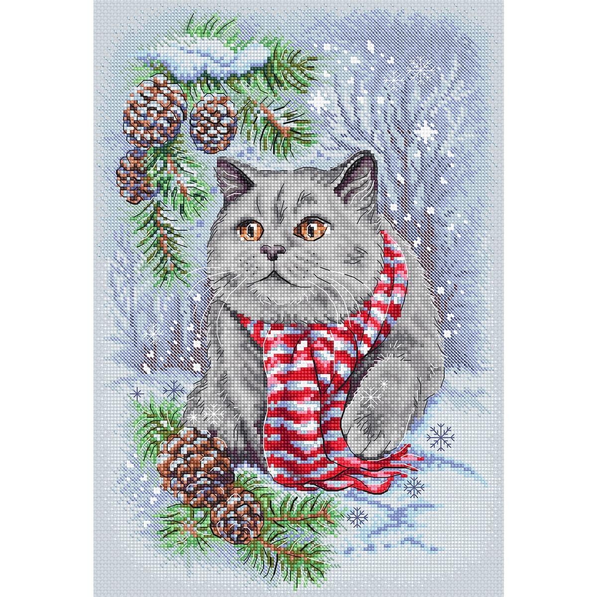 A gray cat with orange eyes sits in the snow and wears a...
