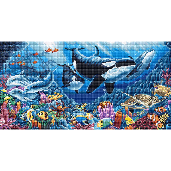 A lively underwater scene with a variety of sea creatures is reminiscent of a Letistitch stick pack. Two orcas swimming near the center are striking, surrounded by colorful coral reefs, fish and sea creatures such as dolphins, turtles and seahorses. The background shows a deep blue ocean with sunlight streaming through the water.