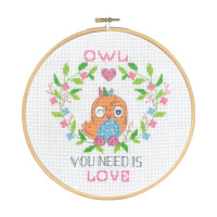 Permin counted cross stitch kit with hoop "Owl you need ", Diam. 20cm, DIY