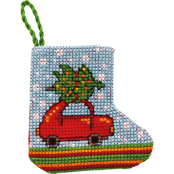 Permin counted cross stitch kit stocking mini "Christmas car", 7x7cm, DIY