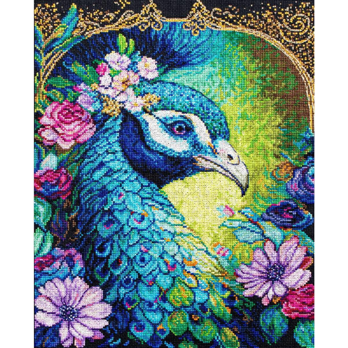 A vibrant Luca-s embroidery pack artwork of a peacock...