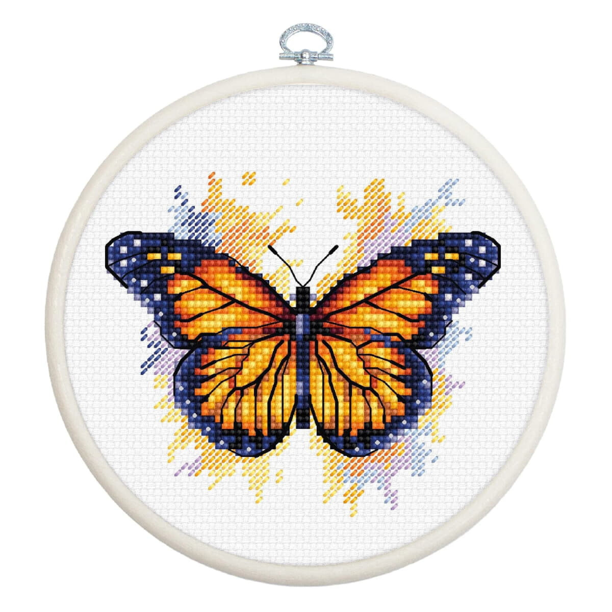 A cross stitch artwork of an orange and black butterfly...