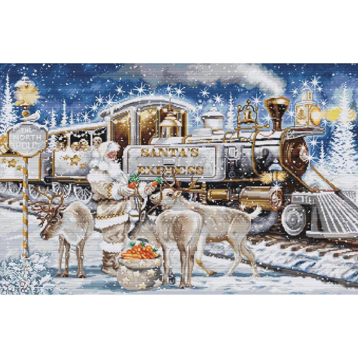 A festive scene with Santa Claus and a train with the...