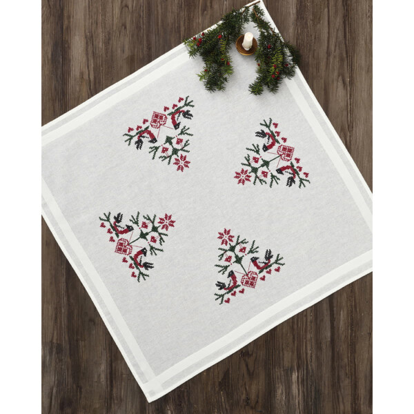 Permin tablecloth stamped cross stitch kit "Birds with hearts", 80x80cm, DIY