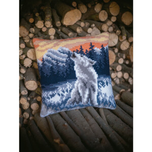 Vervaco gestempeld borduurpakket kussen "Wolf in de winter", 40x40cm