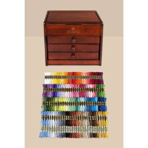 DMC vintage wooden small box with 3 drawers, threads in...