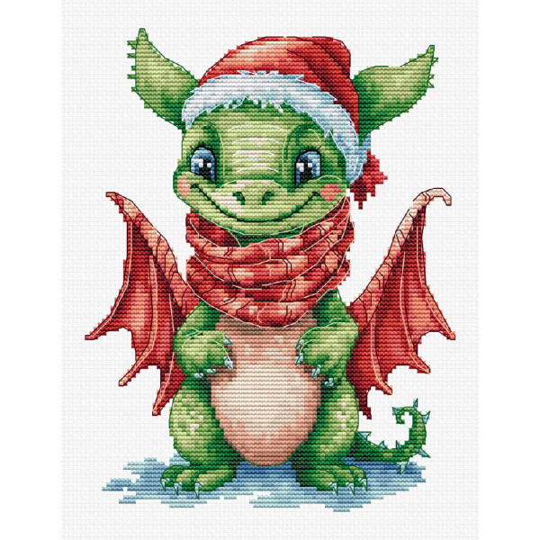 A cute green baby dragon stands there smiling and wearing a red and white Santa hat and a matching red scarf. The dragon has big blue eyes, small wings and is standing on a patch of snow. Perfect for the Christmas season, this adorable design would be an ideal addition to any Luca-s embroidery kit.