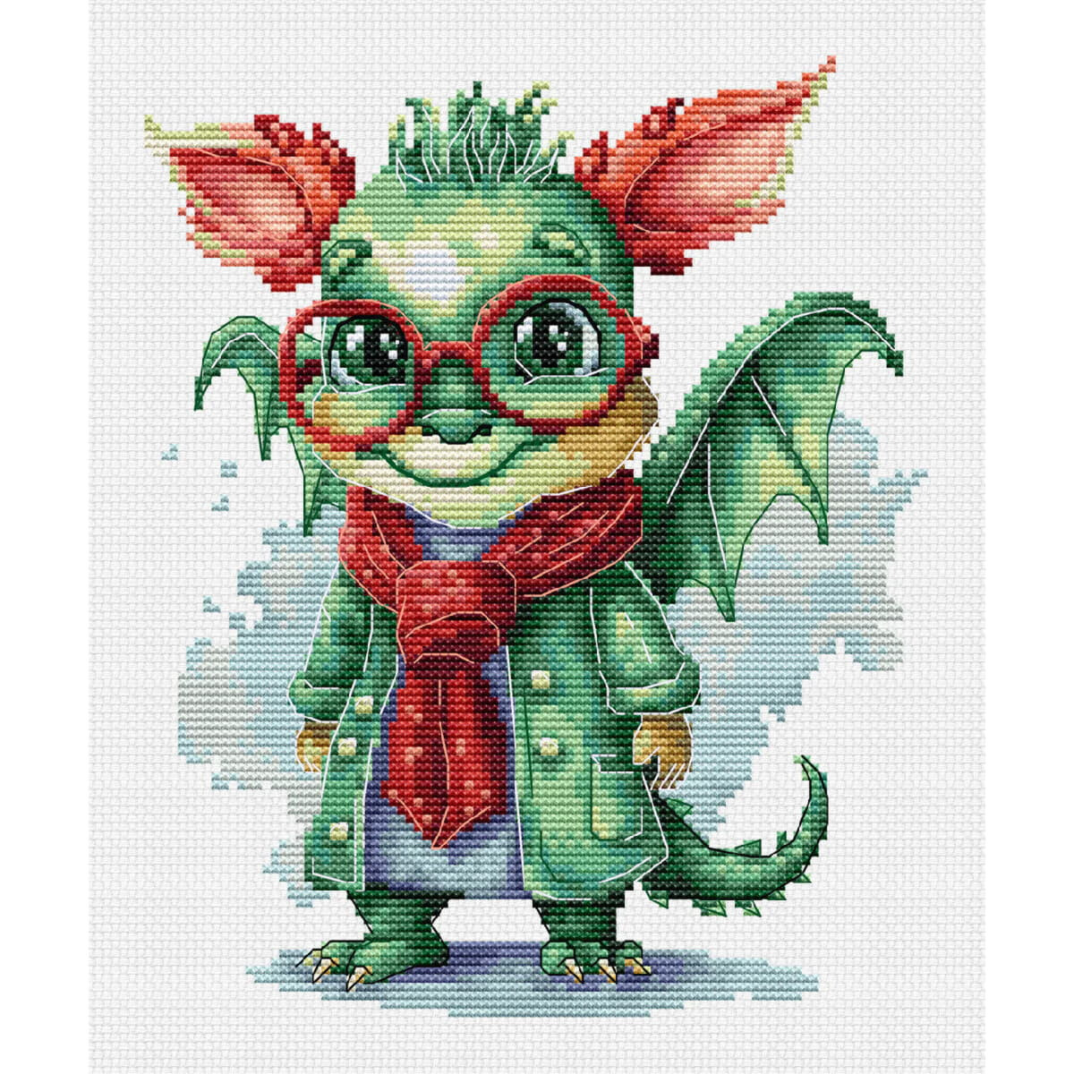 A cute dragon in a green coat and with large, round red...