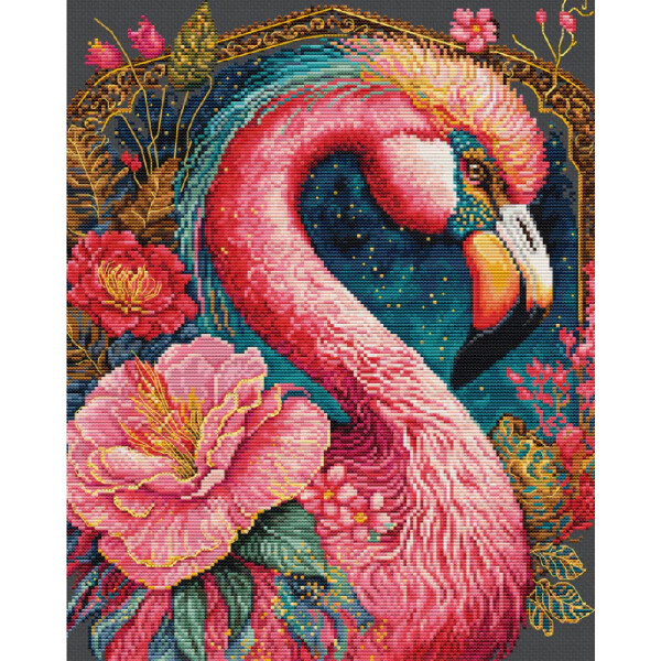 An elaborate cross-stitch depiction of a bright pink flamingo looking to the right, surrounded by blooming flowers in shades of pink, red and gold. The background shows a dark blue sky with stars, framed by golden decorative elements. The detailed stitching highlights the birds feathers and floral patterns - a beautiful embroidery pack from Luca-s.