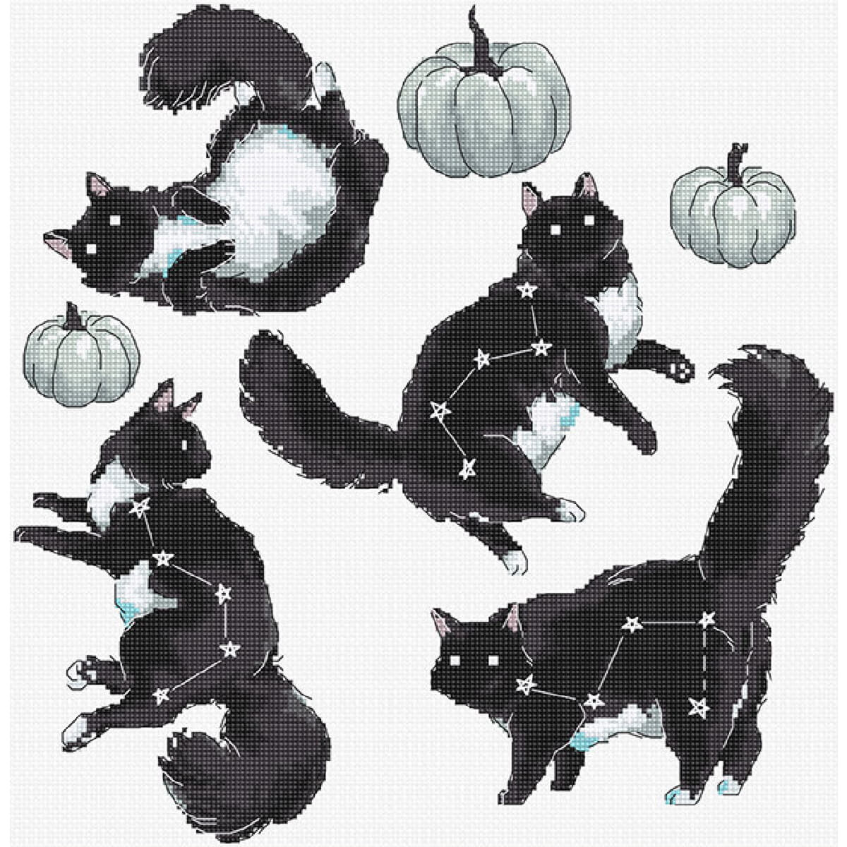 One illustration shows four black cats in various playful...