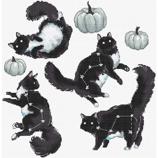Eine Illustration zeigt vier schwarze Katzen in verschiedenen verspielten Posen, jede mit einem weißen Sternbildmuster geschmückt. Um die Katzen herum sind drei weiße Kürbisse. Der Hintergrund ist ein schlichtes, helles Gitter, das an ein Stickpackung-Muster von Letistitch erinnert und die Klarheit des skurrilen Designs unterstreicht.