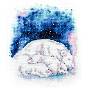 A Letistitch embroidery pack featuring a large polar bear and a cub sleeping together. Behind them is a vibrant, watercolor background depicting a starry night sky in shades of blue, purple and pink, creating a dreamy atmosphere. The peaceful bears add to the warmth and serenity of this embroidery masterpiece.
