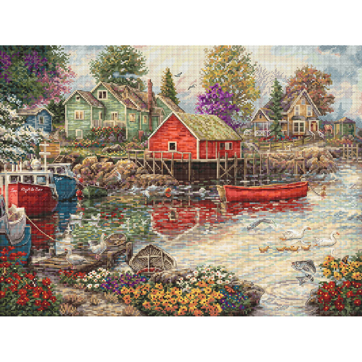 A colorful, tranquil village scene by a river,...