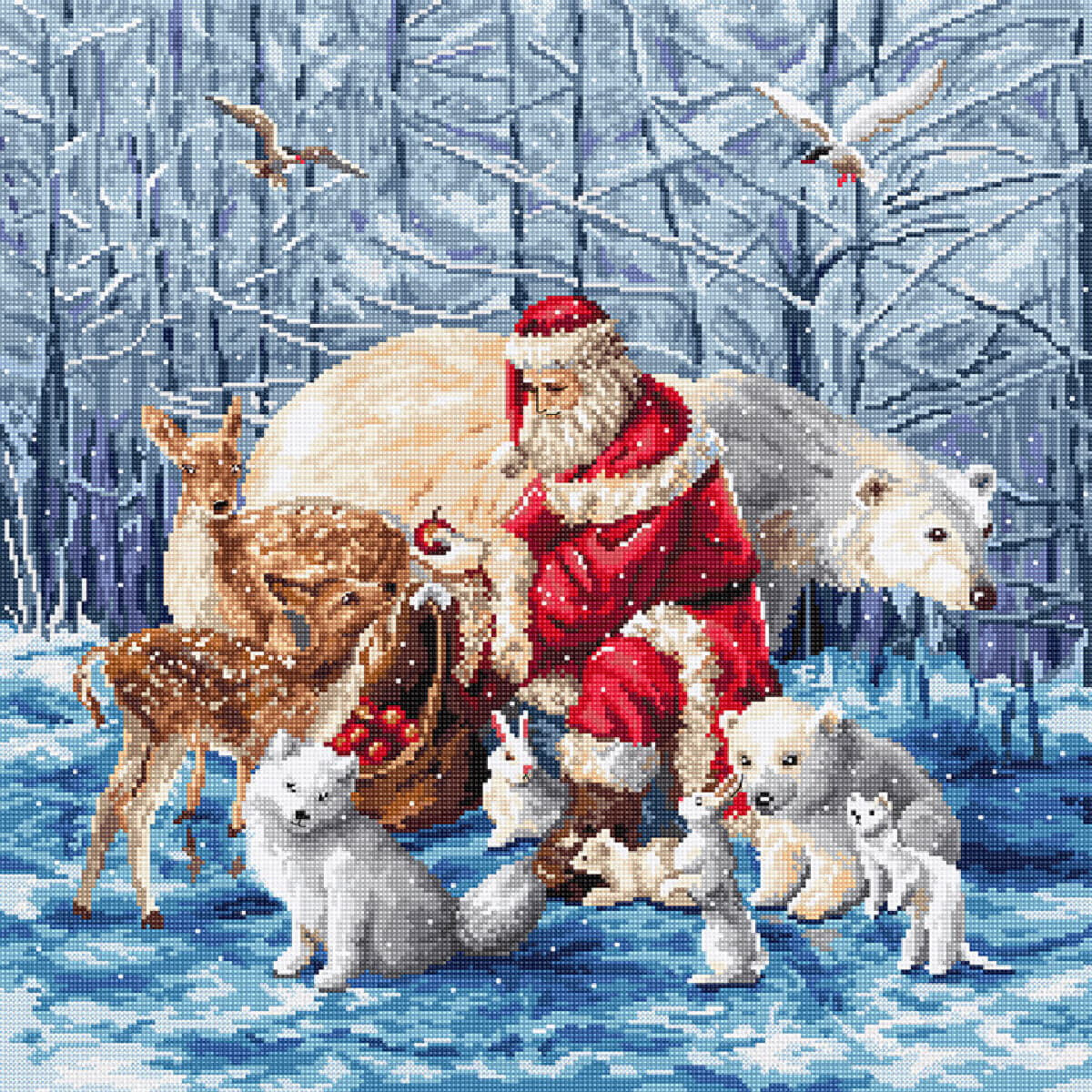 A winter landscape shows Santa Claus in a red suit...