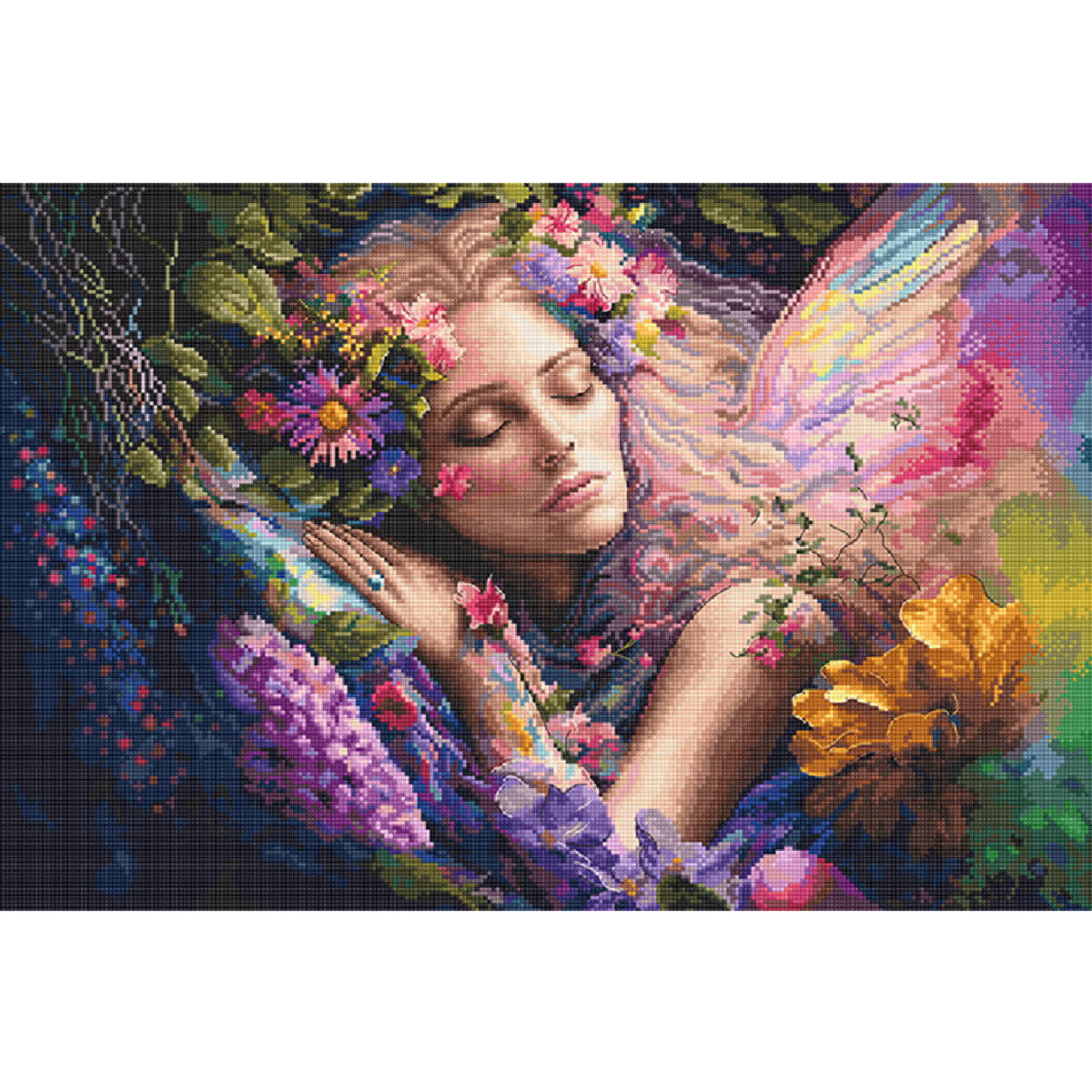 Een slapende fee met kleurrijke vlindervleugels ligt te...
