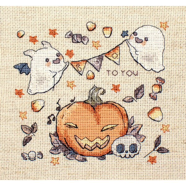 A Letistitch embroidery pack with a Halloween motif. Two cheerful ghosts hold a To You banner over a carved pumpkin with a mischievous grin. Scattered around them are corn caramels, autumn leaves, a small skull and musical notes. The design is in orange, white and purple.